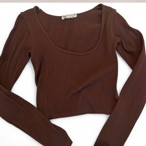 Brown Long Sleeve Ribbed Top